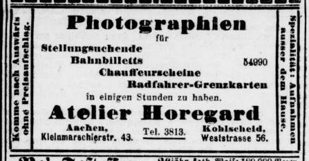 Werbeanzeige des Fotoateliers Horegard im Aachener Anzeiger 1912
