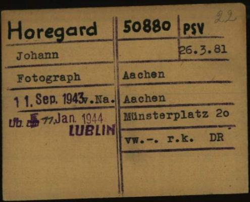Schreibstubenkarte des Konzentrationslagers Dachau Johannes (genannt Jean) Horegard